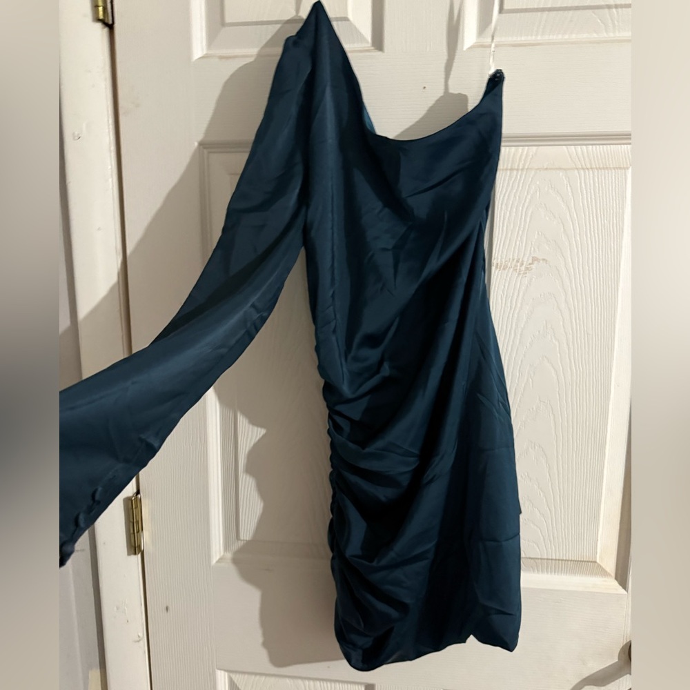 LULUS Happy Hour Chic Emerald Satin Ruched One-Shoulder Mini Dress